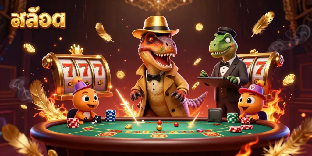 Experience the thrill of สล็อต as a velociraptor card counter conspires at a blackjack table, revealing casino dynamics.