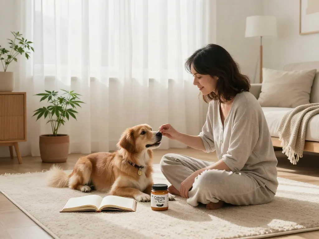 Calming Dog Treats enhancing pet wellness in serene living room setting with hemp plant.