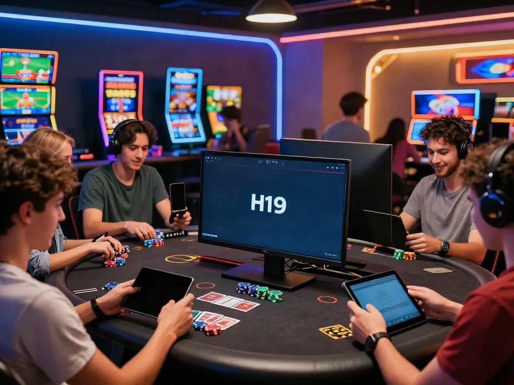 Exciting H19 online gaming scene with diverse players engaged in various games including sports betting and live casino.