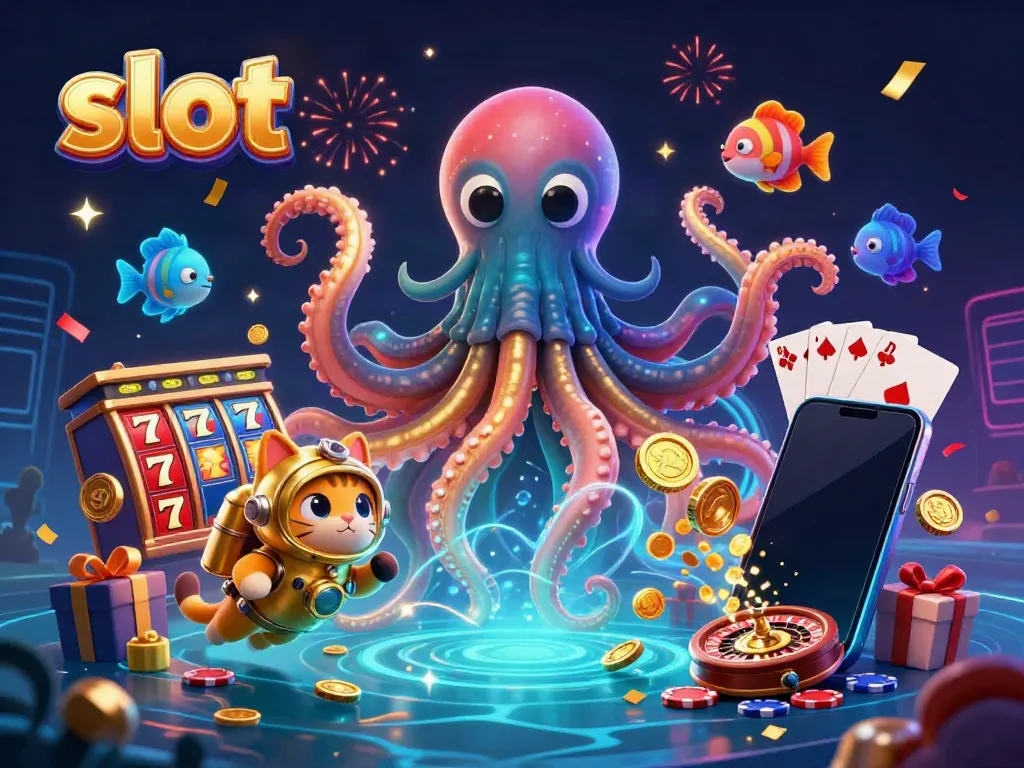 Permainan slot dengan simbol slot dan hewan laut menghibur dalam ilustrasi 3D yang penuh warna.