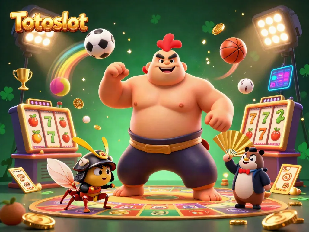 Gambarkan Totoslot dengan karakter ayam sumo, serangga samurai, dan pengumuman tanuki di latar slot yang mendebarkan.