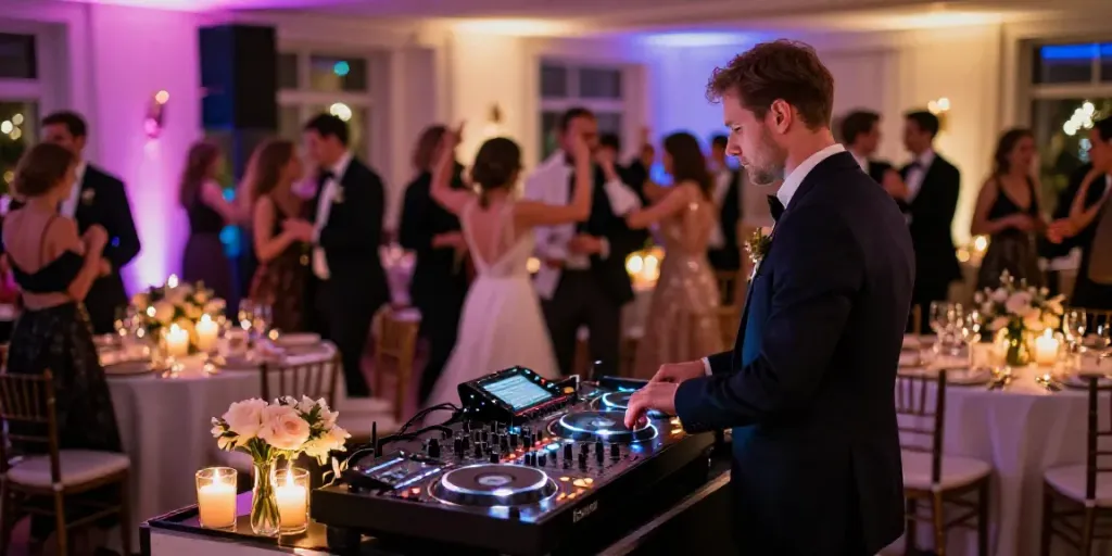 Vibrant wedding DJ performance in Berlin, guests dancing joyfully at a reception.
