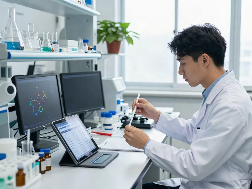 Scientist analyzing peptide samples in a modern lab, showcasing peptide prices on a digital screen.