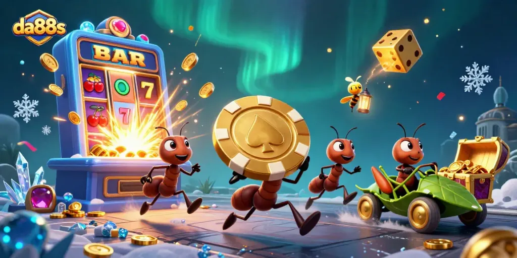 Engage in thrilling adventures with da88s, a team of ants heisting poker chips amidst dynamic casino elements.