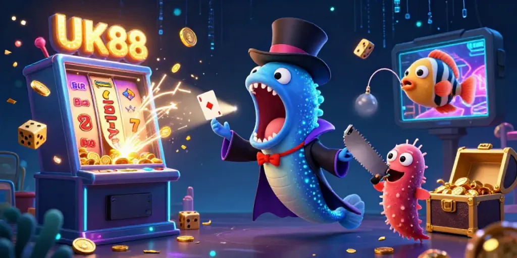 Experience the magic of UK88 with dynamic casino characters performing tricks amidst vibrant slot machine excitement.