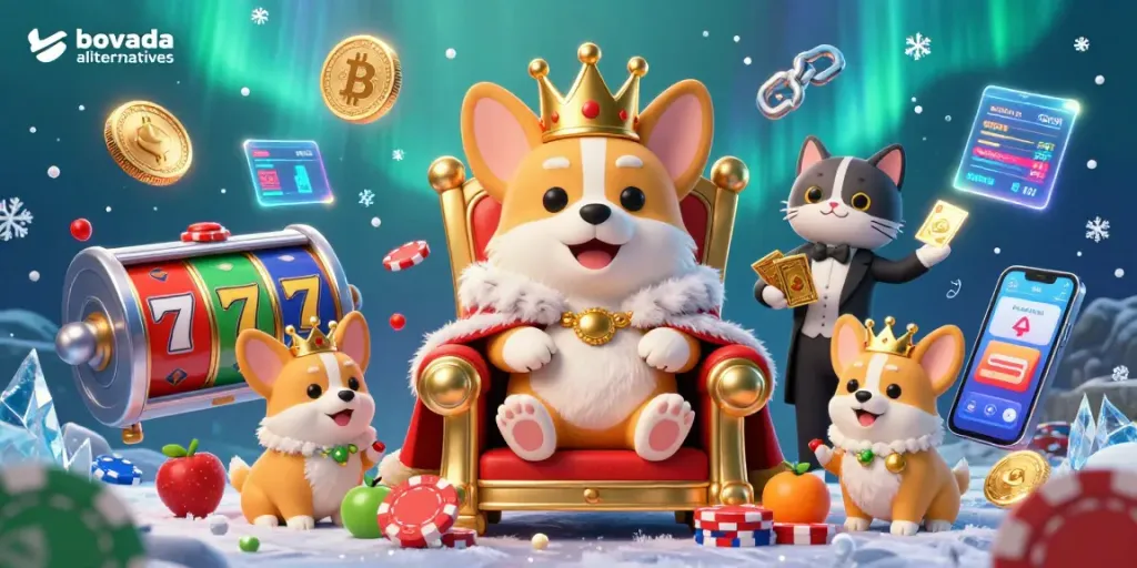 Ignite your gaming with bovada alternatives featuring a royal corgi, crypto coins, and dazzling slot elements.