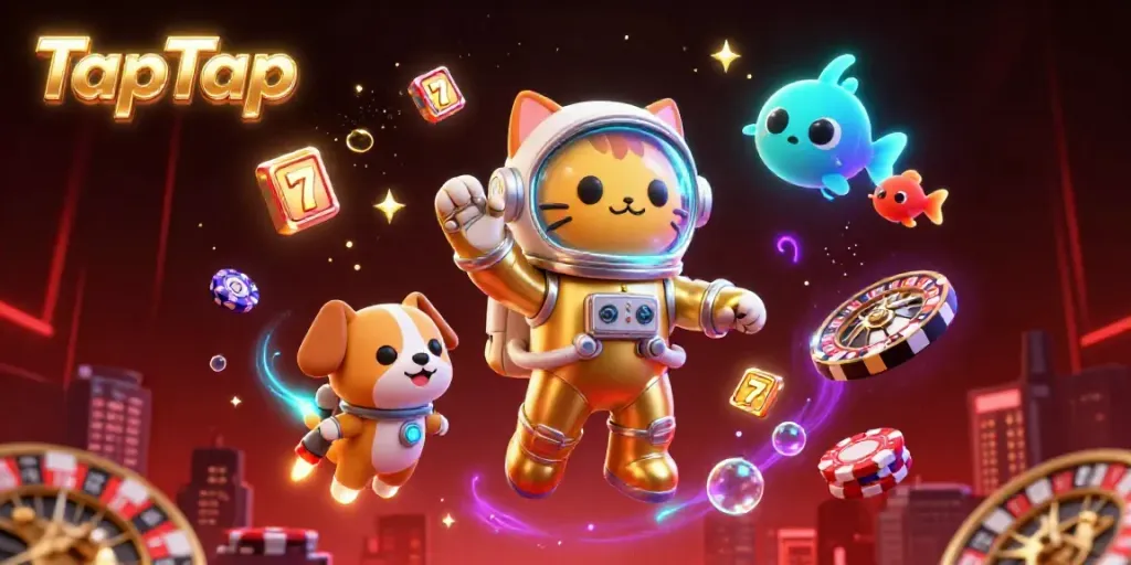 Engage with TapTap's colorful casino adventure featuring a floating astronaut cat and robot dog.