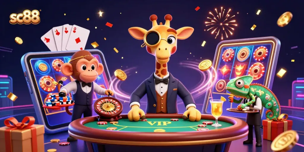Experience thrilling gaming at sc88 with a high-roller giraffe playing poker and a dynamic casino backdrop.