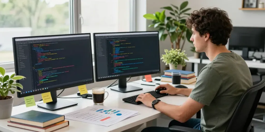 Web developer optimizing instant indexing processes in a modern tech workspace.