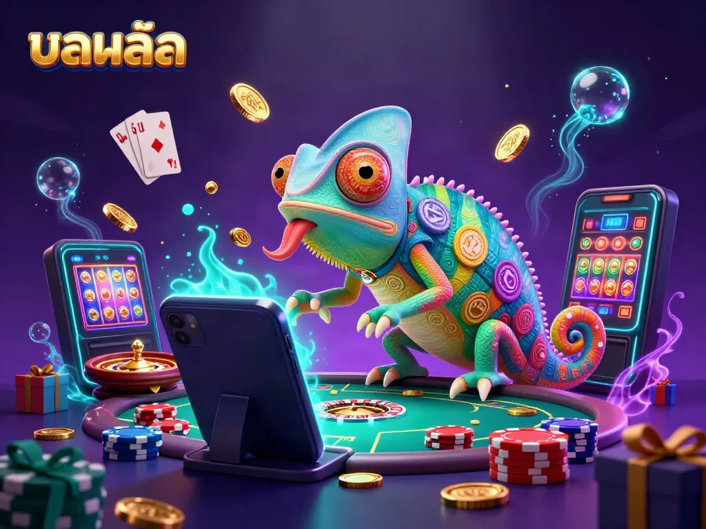Watch the captivating scene of the chameleon casino owner amidst the action of ،บอลสด, capturing golden coins and excitement in 3D.