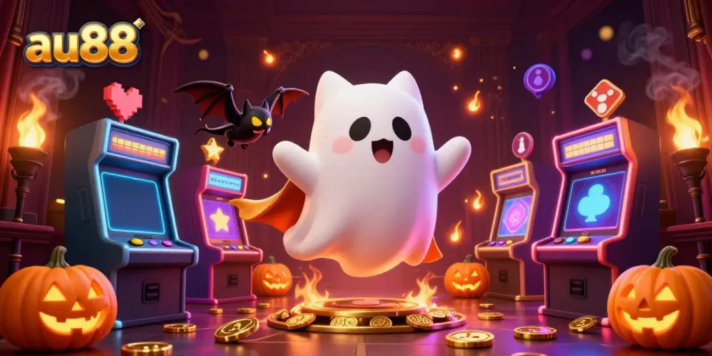 Experience thrilling gaming with au88, where a ghost cat and vampire bat illuminate a vibrant haunted casino.