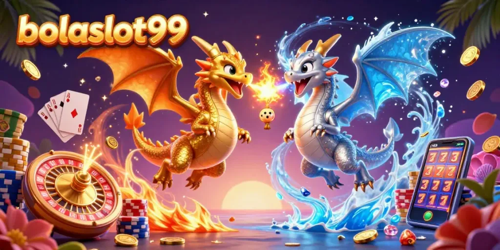 Engage with bolaslot99 featuring epic twin dragons amidst casino elements, evoking thrilling gaming adventures.