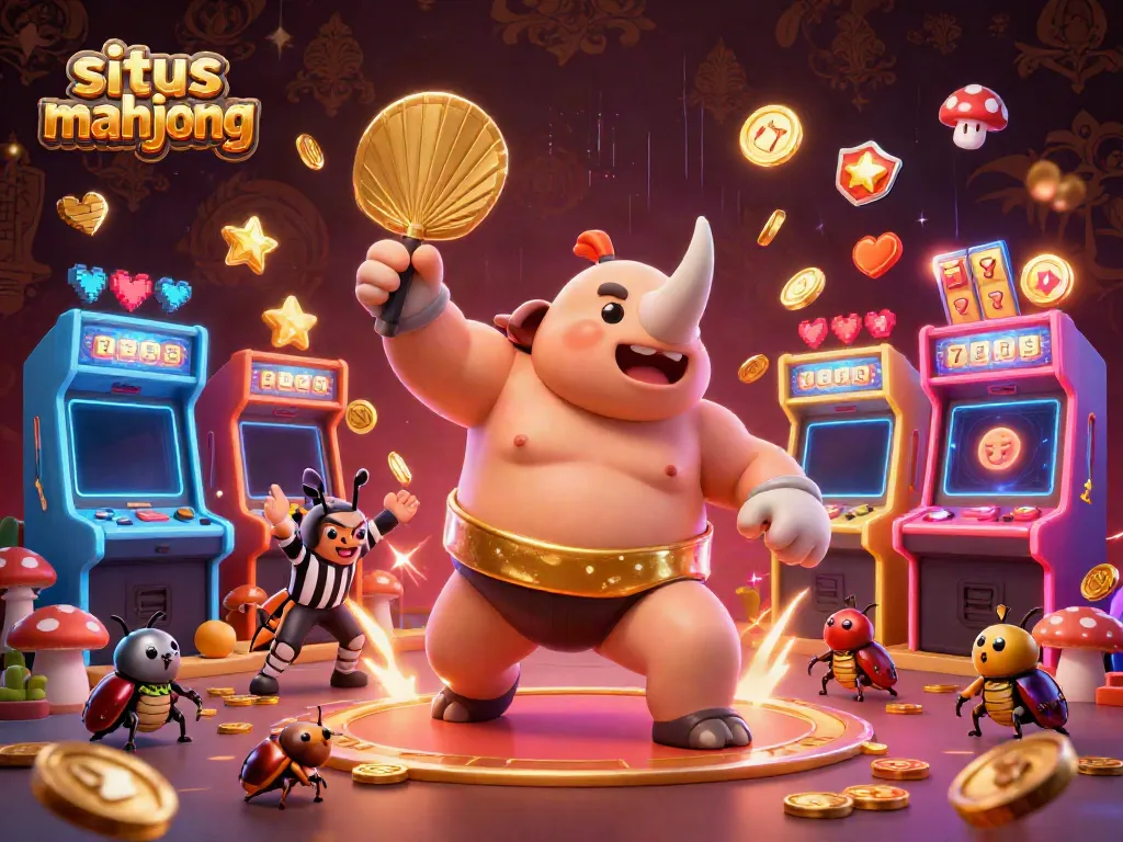 Experience thrilling play at situs mahjong, featuring a vibrant scene of energetic beetles amidst flying coins.