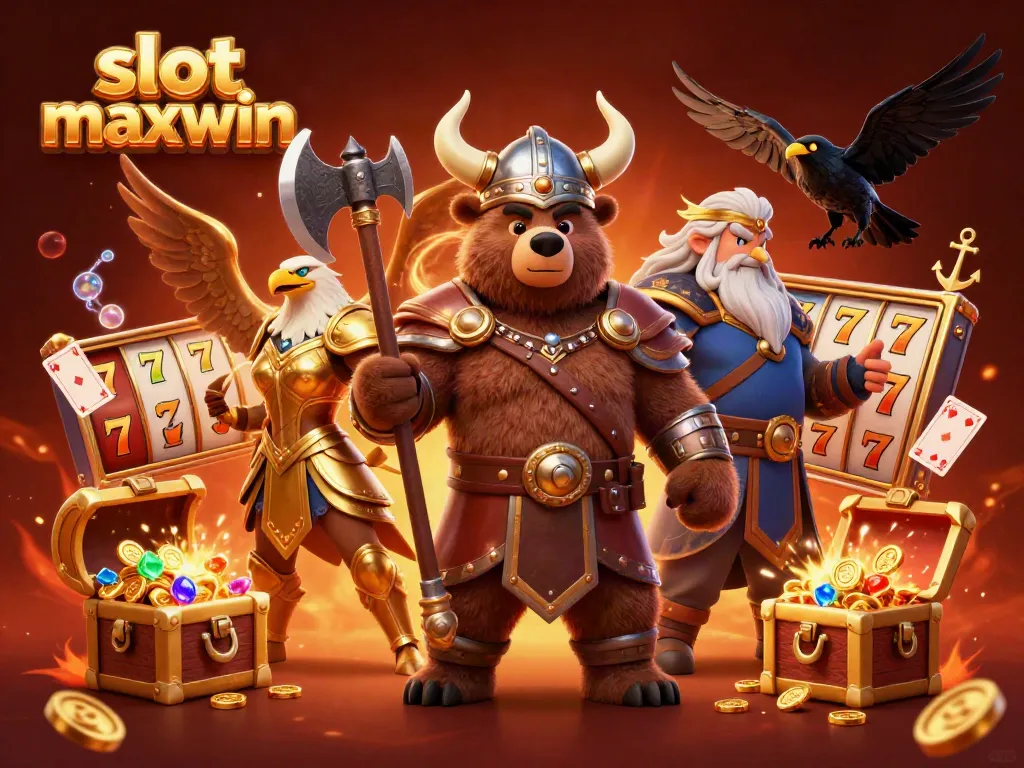 Experience thrilling slots with slot maxwin, featuring a Viking bear and Valkyrie in a vibrant 3D casino scene.
