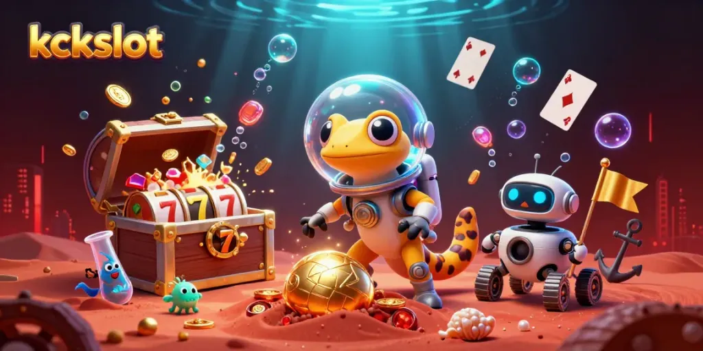 KCKSLOT menggambarkan gecko Martian dalam helm menemukan kasino berharga, dikelilingi simbol buah dan jackpot.