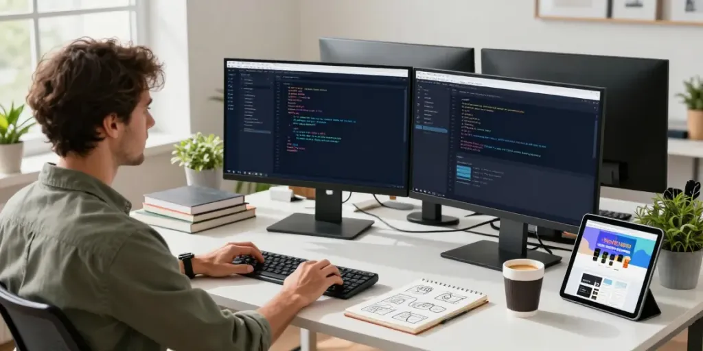 Focused developer working on website development with dual monitors, creative workspace illuminated by natural light.