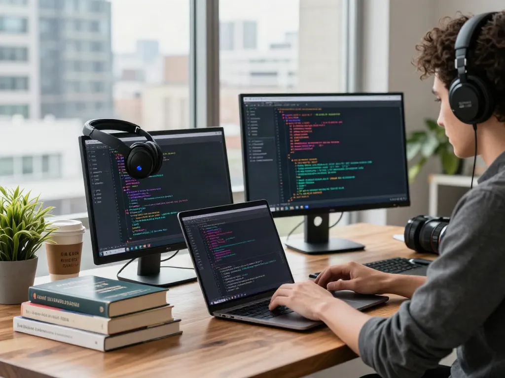 Developer using brave浏览er for coding in a bright workspace