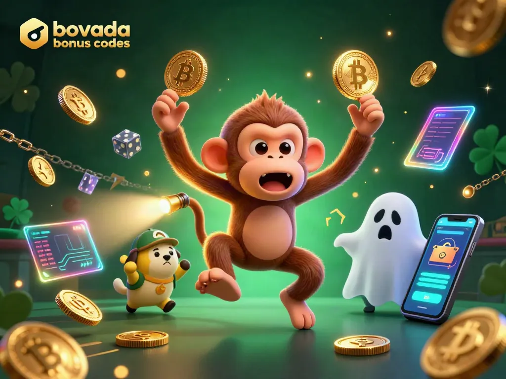 Play with bovada bonus codes while watching a poltergeist monkey juggle golden items in a vibrant casino.