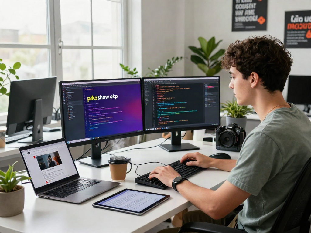 Developer coding the pikashow apk on dual monitors in a modern workspace.