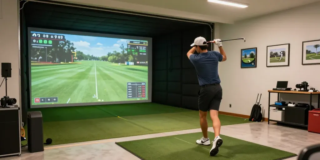 Demonstrating how to build home golf sim with golfer practicing swing in garage, showcasing swing metrics and immersive visuals.
