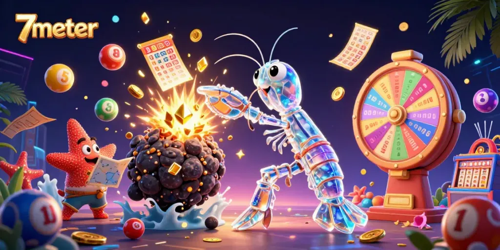 Engage with thrilling action in 7meter casino where vibrant lottery balls and golden rewards explode in a galactic scene.