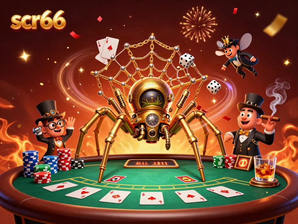 Catch the action at scr66 with a steampunk spider crafting a golden web of gaming excitement.