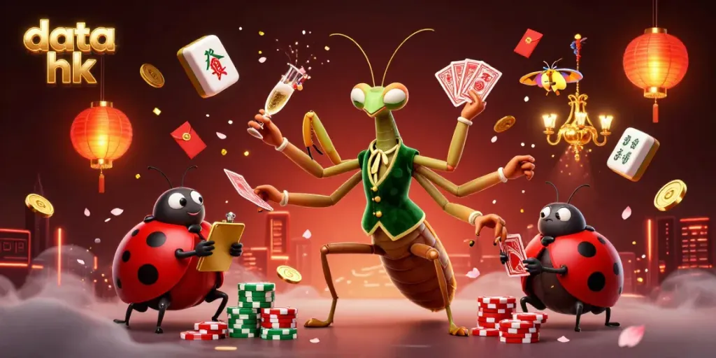 Gambaran dinamis dari data hk, dengan karakter mantis raksasa dan bulet pelayan, meriah dengan elemen judi.
