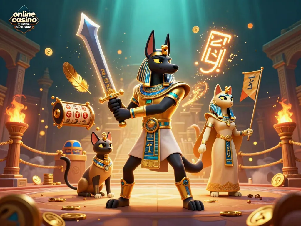 Engaging illustration of online casino games in Australia featuring Anubis and Bastet amidst slot reels and golden tokens.