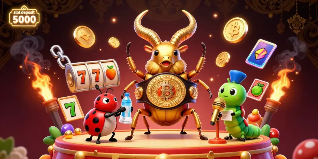 Experience the thrill of slot deposit 5000 with a colorful 3D casino scene filled with vibrant characters and gaming elements.