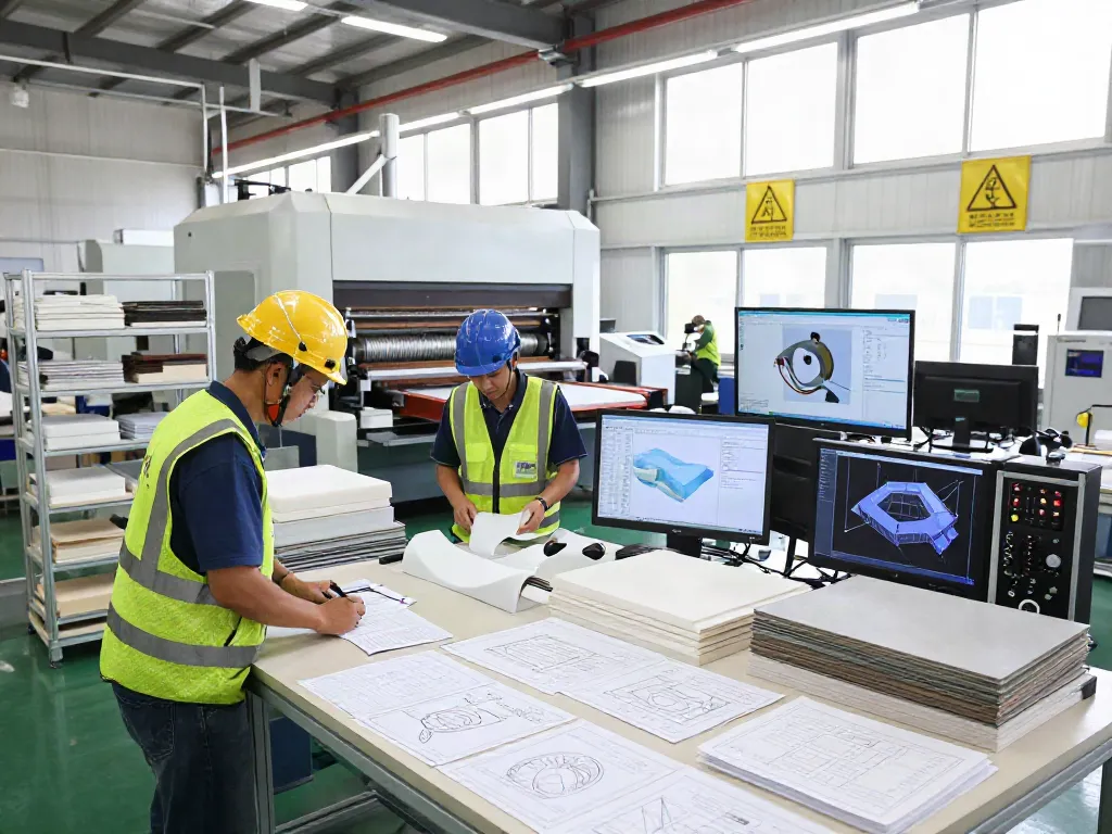 Engineered Composites manufacturing GRP products in a high-tech facility with safety gear and machinery.