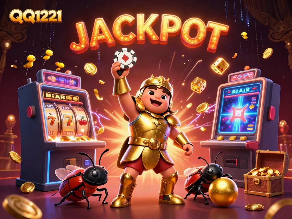 Win big with QQ1221 through the vibrant 3D casino illustration showcasing games and excitement.
