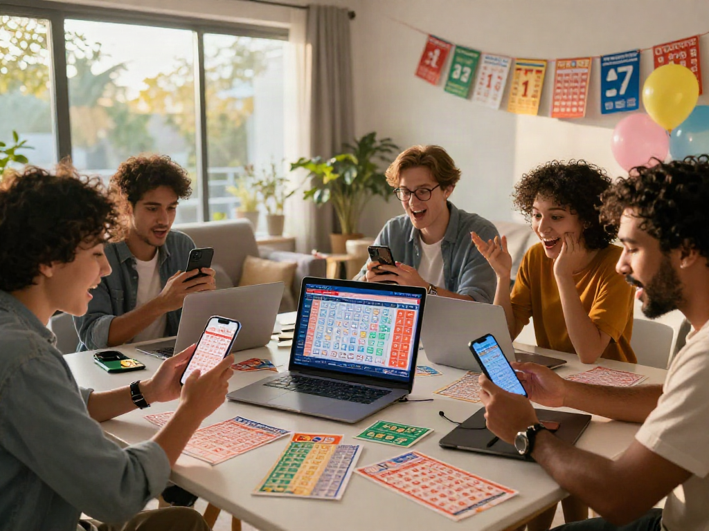 Kumpulan orang bersemangat mengecek nomor ratutogel mereka di smartphone dan laptop dalam suasana hangat.