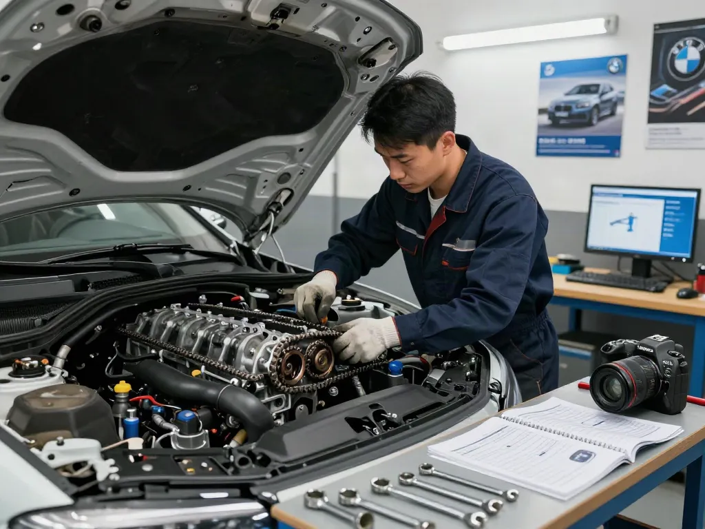 Professioneller Mechaniker prüft die Steuerkette eines BMWs während des Wechsels in einer gut beleuchteten Werkstatt.