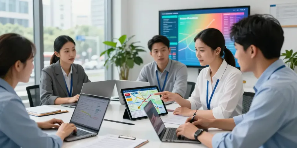 OCARGO Team bespricht effiziente Transportlösungen in modernem Büro.