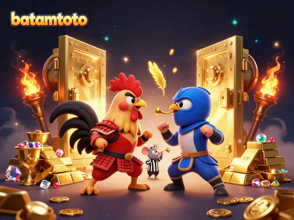 Experience the thrill as batamtoto's fighting roosters engage in an electrifying showdown with gold treasures.