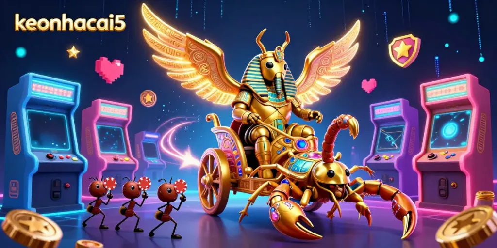 Engage with keonhacai5 through a vibrant digital illustration of a colossal golden scarab beetle leading a gaming-chariot filled with casino elements.
