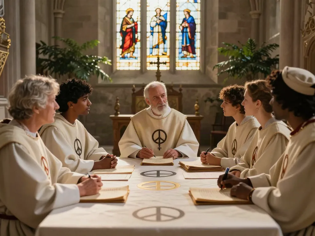 Des membres de l'ordre de Saint-Lazare discutent dans une chapelle historique.