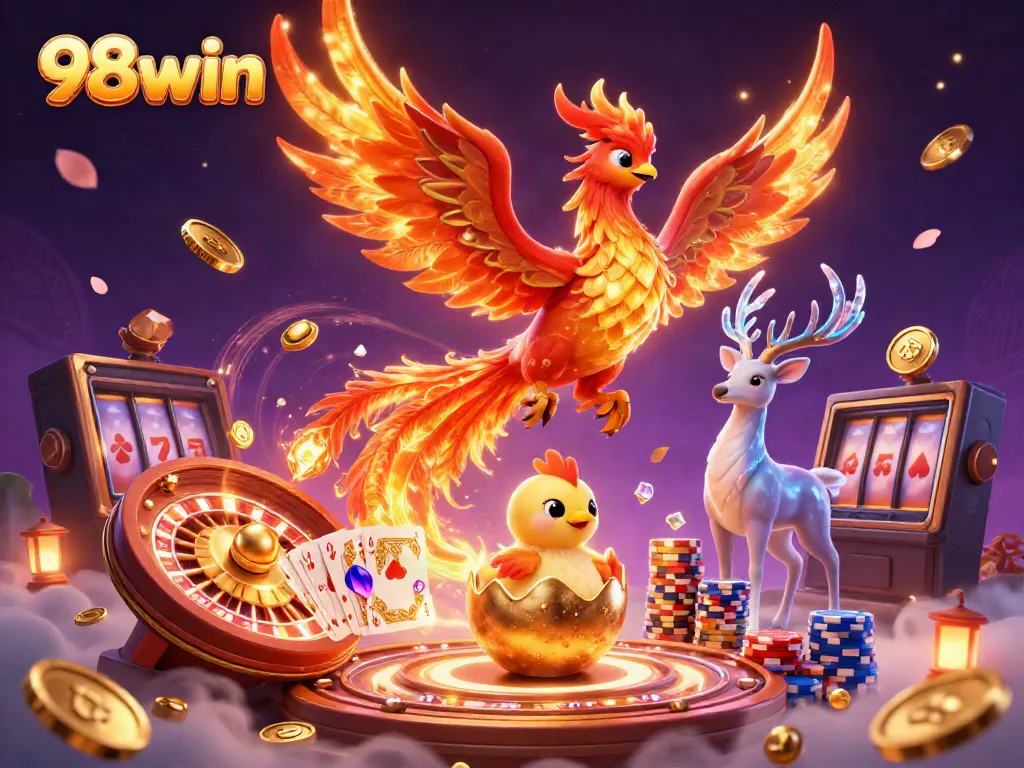 Experience the vibrant energy of 98win with this dynamic 3D casino illustration showcasing a mythical phoenix soaring above cascading coins and a roulette wheel.