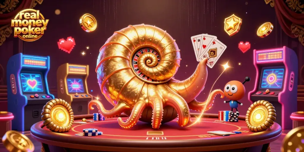 Engage in real money poker online with a vibrant 3D scene showcasing a nautilus roulette wheel and glowing poker elements.