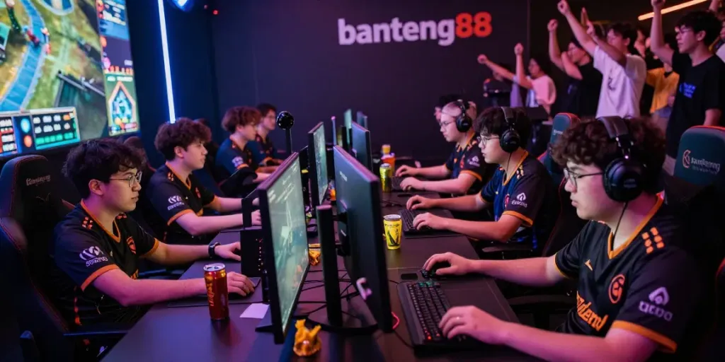 Suasana kompetisi gaming banteng88 dengan pemain antusias dan pencahayaan RGB yang menarik.