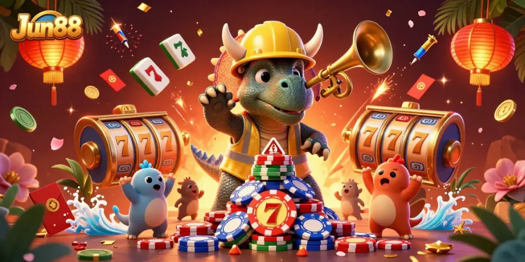 Celebrate big wins at Jun88 with dynamic 3D casino fun featuring a triceratops building poker chips.