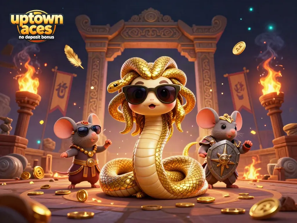Activate the uptown aces no deposit bonus with a vibrant 3D illustration of mythical characters and casino elements.
