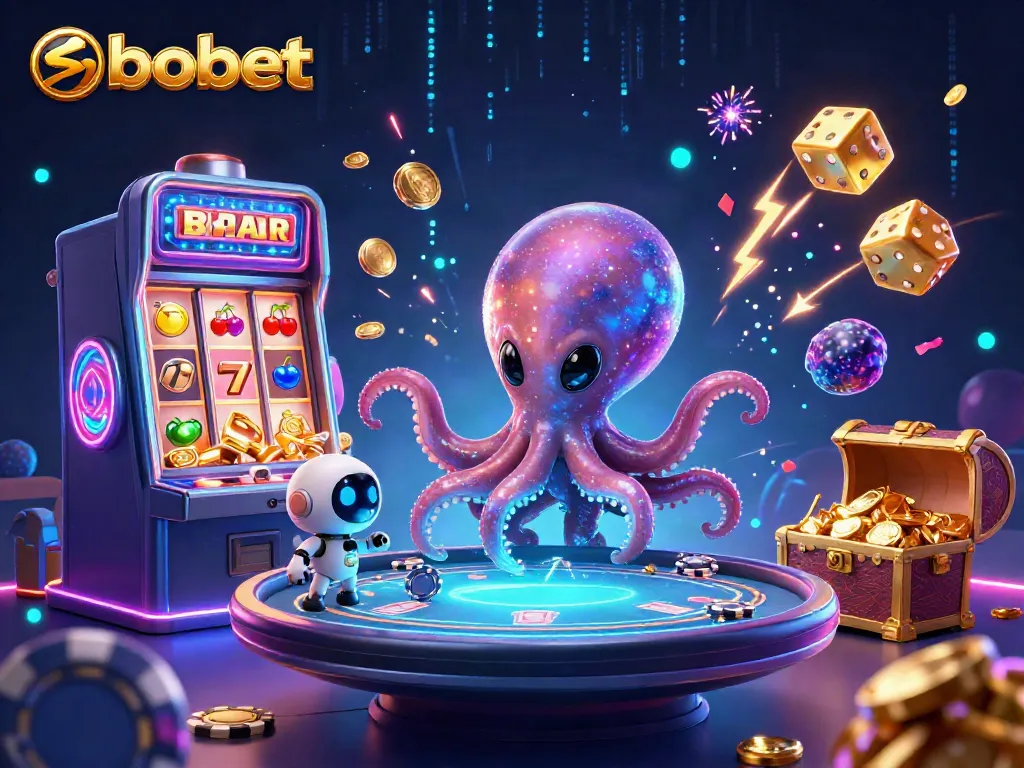 Engage in exciting sbobet betting with a vibrant alien octopus and robot at their poker table.