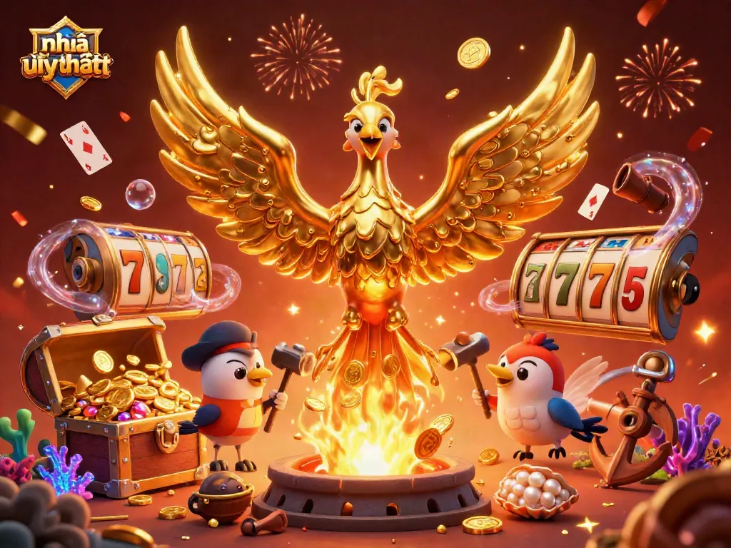 Engage with Nhà cái uy tín through thrilling slots and exciting jackpots with this vibrant 3D artwork.