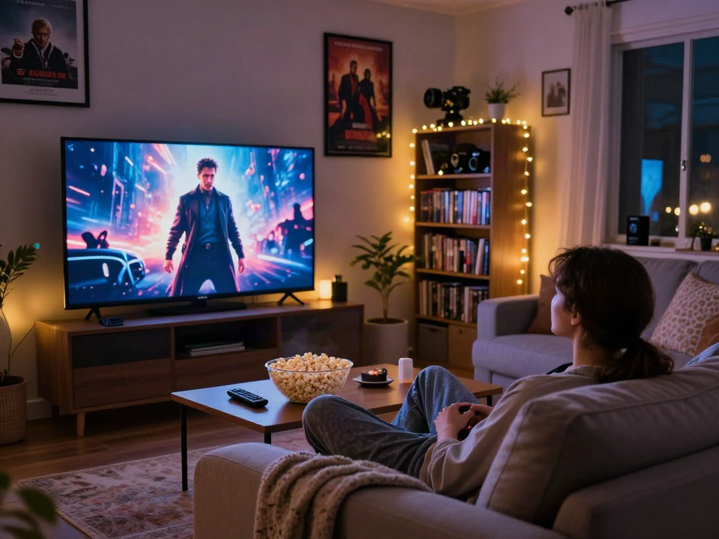 Cozy movie streaming setup showcasing Moviebox experience with popcorn and ambient lighting.