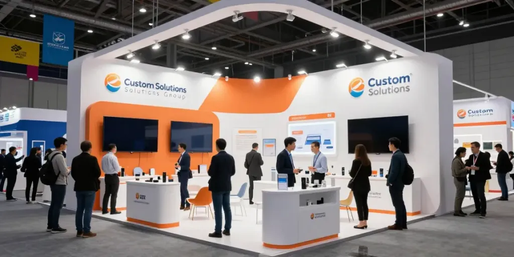 Engaging exhibition scene with Custom Solutions Group's vibrant stand at a trade show, showcasing innovative products and active visitor interaction.