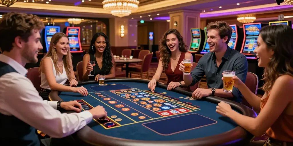 Excited friends enjoying a lively environment while playing toto slot online at a stylish casino.
