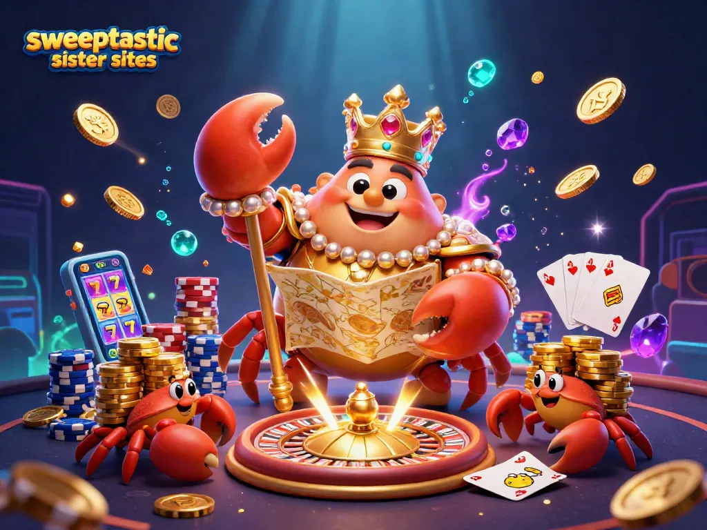 Sweeptastic sister sites showcase a vibrant 3D scene with a golden crab emperor and dynamic gambling elements.