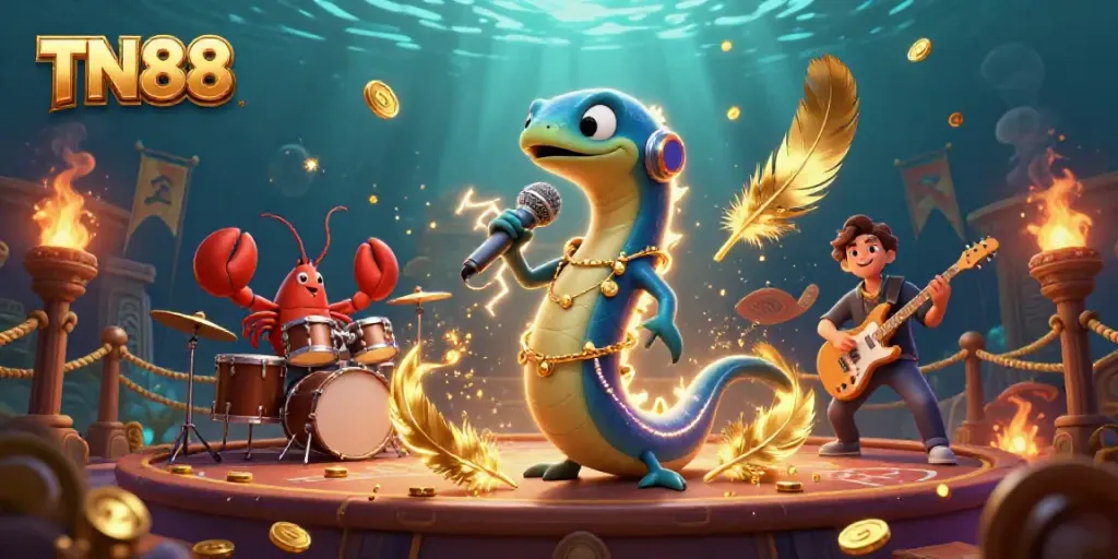 Experience the thrill of TN88 with a lively underwater casino scene featuring a DJ eel and dynamic characters.