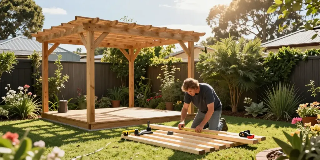 Pergola Builders Sydney constructing a custom wooden pergola in a vibrant backyard.